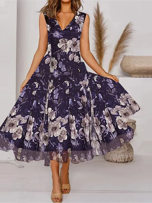 Women's Two Piece Dress Set Casual Dress Chiffon Dress Outdoor Daily Fashion Modern Print Midi Dress V Neck Half Sleeve Floral Regular Fit Purple Summer Spring S M L XL XXL
