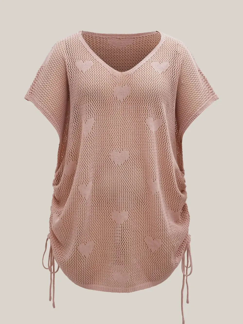 Heart Pattern Drawstring Textured Sheer Swim Cover-Up