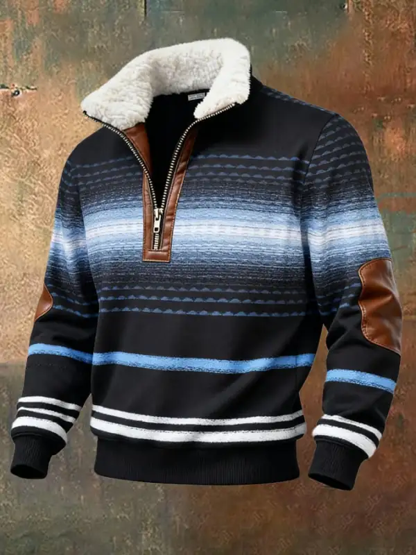 Men's Retro Color Block Print Casual Fur Collar Sweatshirt