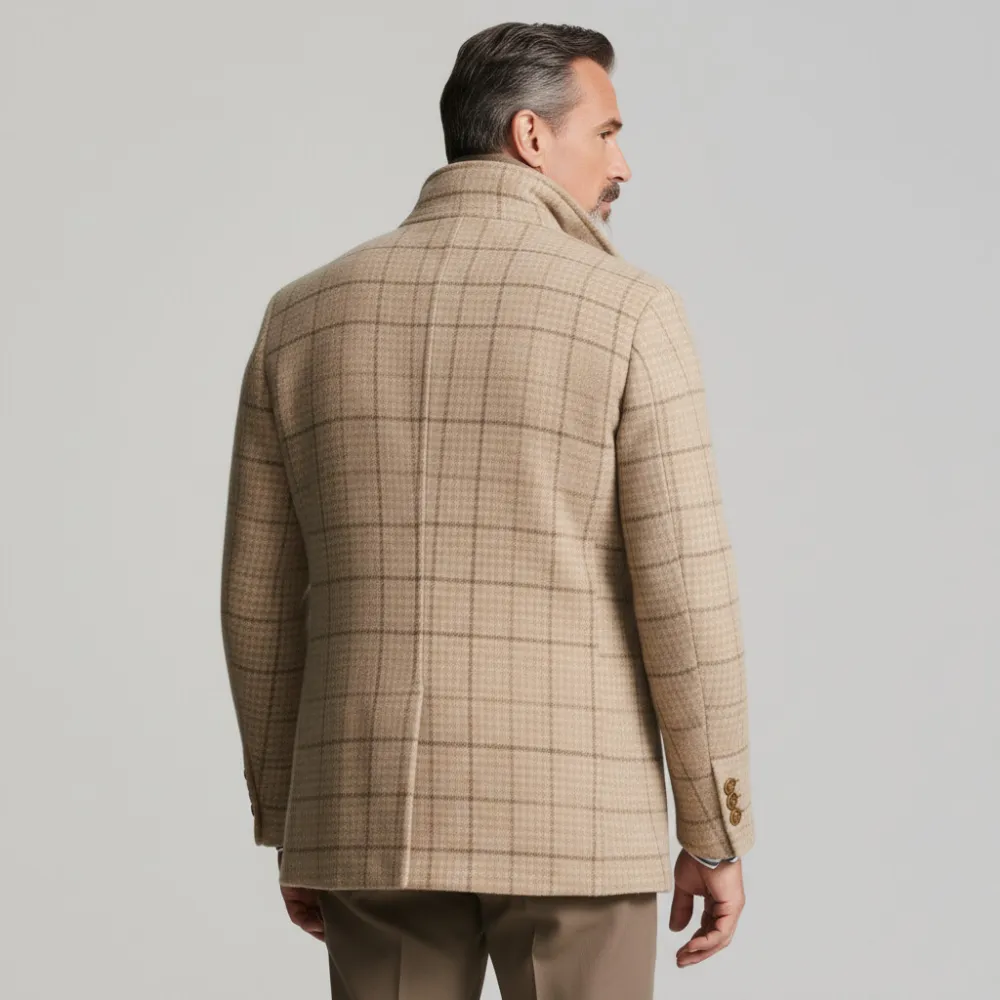 Men's Beige Plaid Turndown Collar Double Breasted Long Sleeve Coat