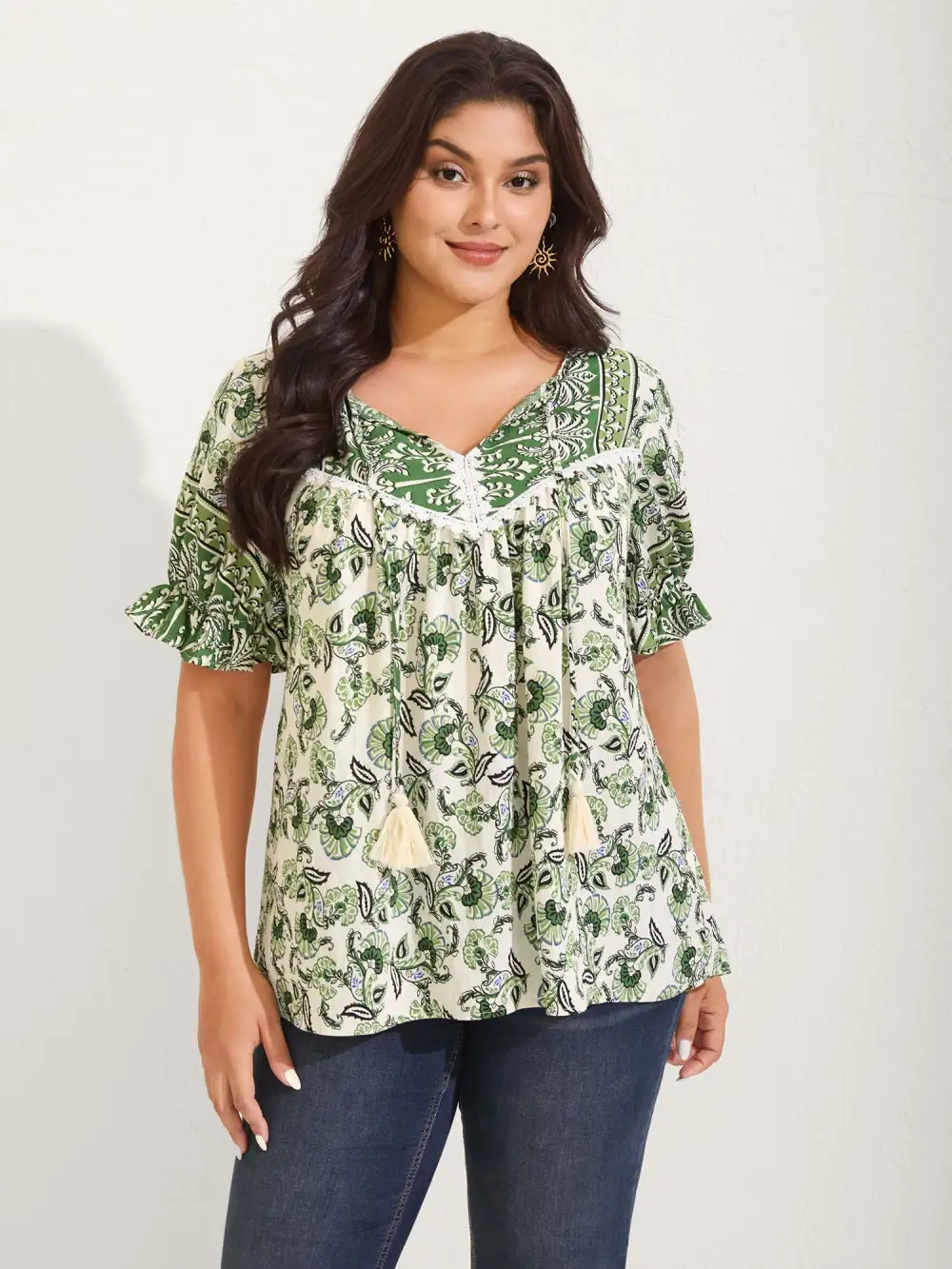 Boho Floral Print Neck Tassels Blouse