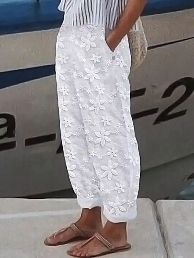 Women's Pants Trousers Faux Linen Pearl White White Fashion Holiday Weekend Side Pockets Full Length Comfort Floral S M L XL 2XL