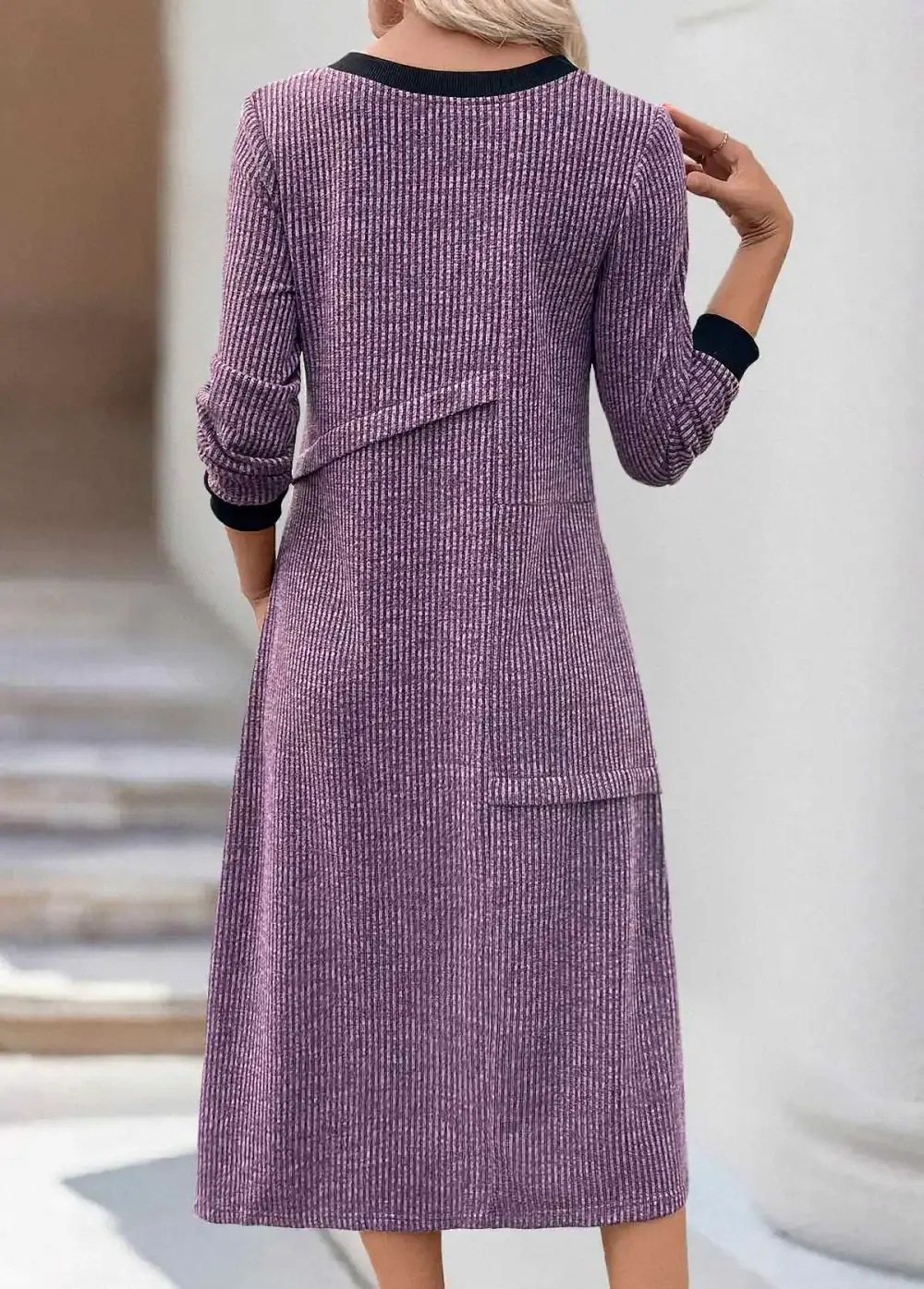 Dusty Purple Patchwork A Line Long Sleeve Dress