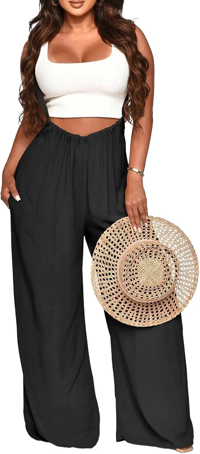 Womens Jumpsuit Casual Loose Sleeveless Adjustable Spaghetti Straps Wide Leg Pants Baggy Overalls With Pockets