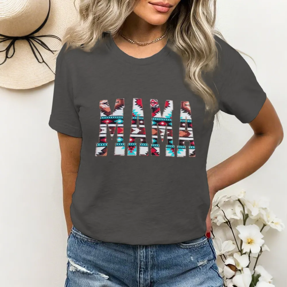 Women'S T-Shirt Cotton Alphabet Print Aztec Print T-Shirt Round Neck MAMA Short Sleeve