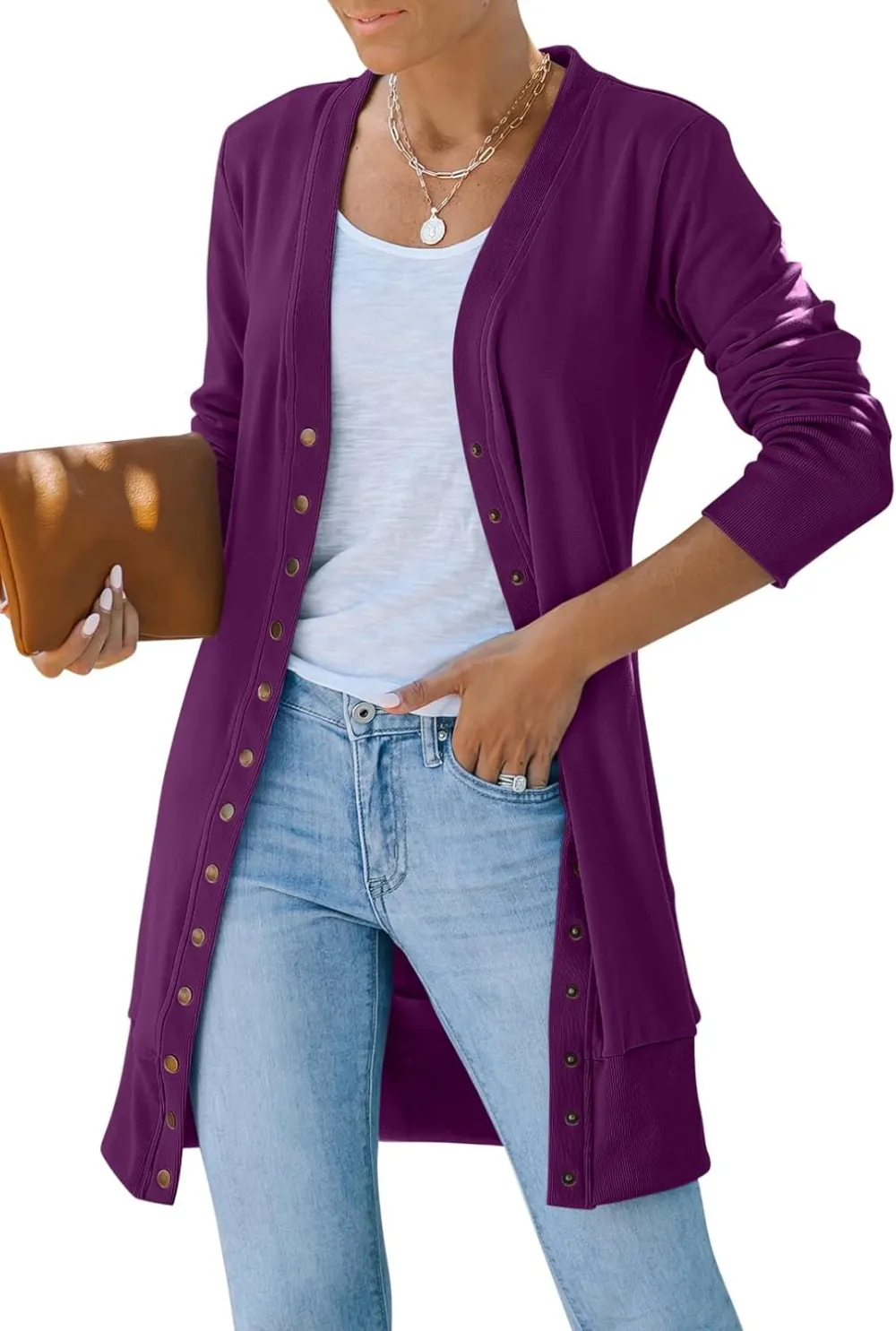 Women's 2024 Fall Long Sleeve Snap Button Down Solid Color Knit Ribbed Neckline Cardigans