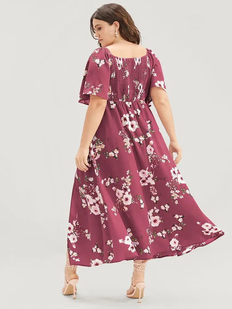 Floral Square Neck Ruffles Pocket Shirred Split Dress