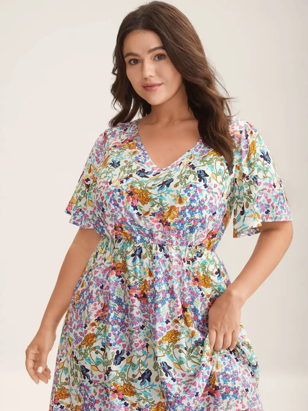 Floral Print Cinched-Waist Pockets Midi Dress