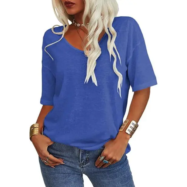 Women’s V-Neck Cotton T-Shirt – Solid Color, Lightweight Half Sleeve Casual Top for Summer & Fall