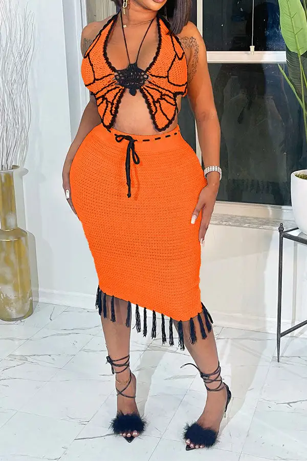 Crochet Butterfly Patchwork Tassel Dress Set