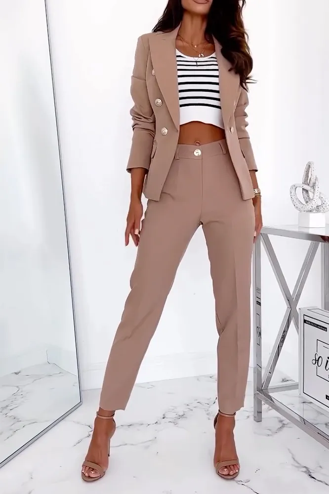 Women's Fashion Solid Color Slimming Button Jacket Pants Two Piece Set