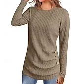 Women's Sweater Pullover Streetwear Casual Solid Color Ribbed Crew Neck Buttons Knitted Long Sleeve Regular Tops Knit Daily Holiday Weekend Black Army Green Fall Winter