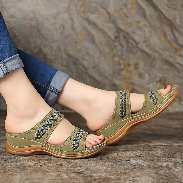 Women's Sandals Slippers Casual Daily Beach Solid Colored Summer Spring Cut Out Embroidery Wedge Heel Round Toe Casual Minimalism Synthetics Loafer Wine