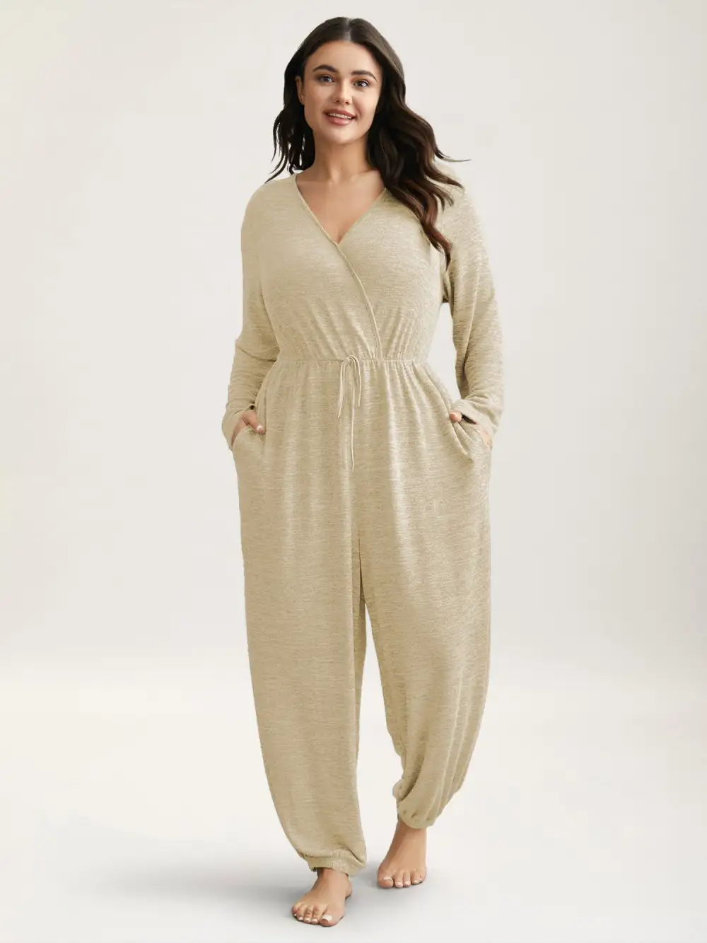 Elastic Waist Overlap Collar Lounge Jumpsuit