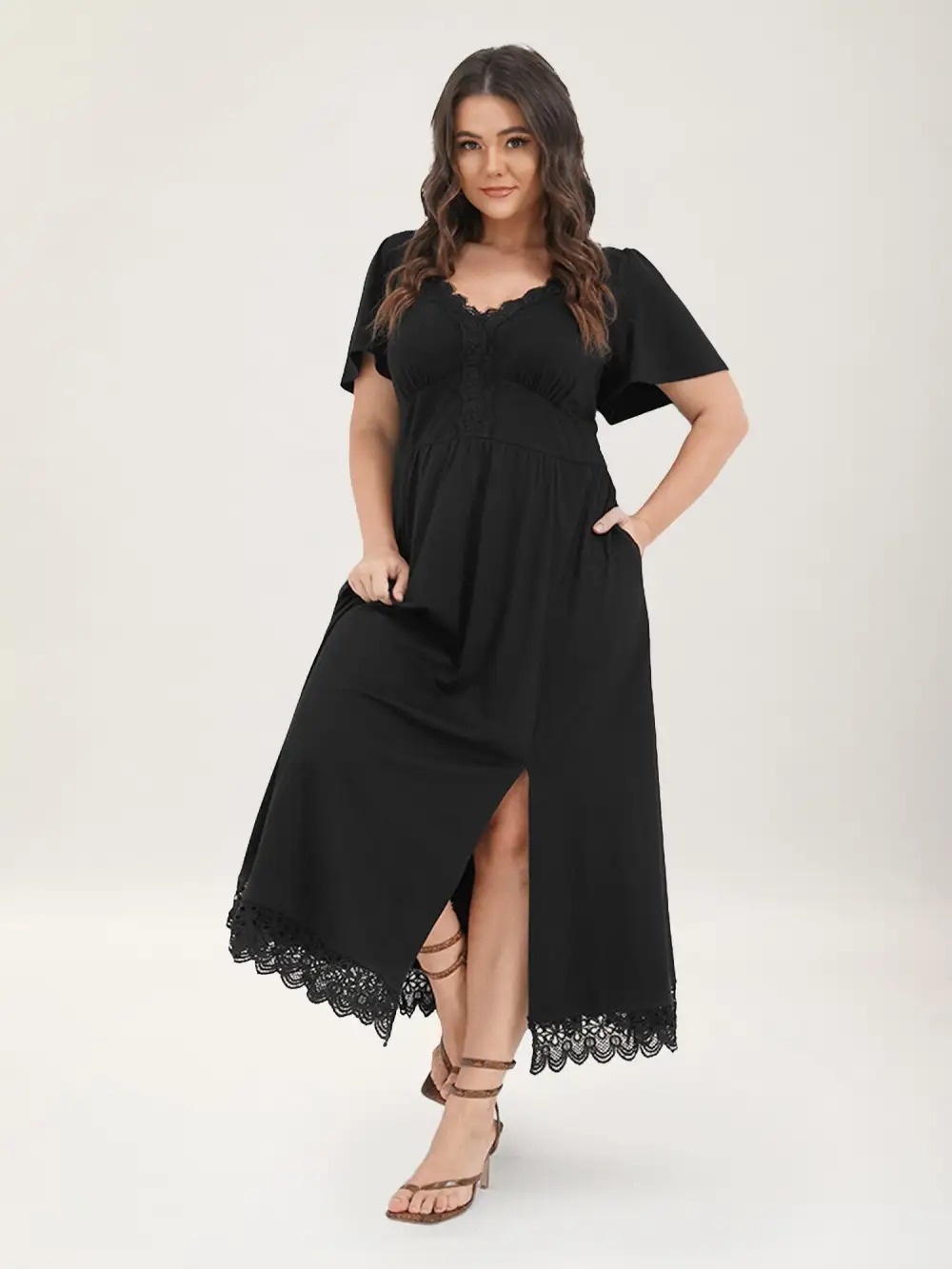 Solid Pocket Contrast Lace Split Maxi Dress