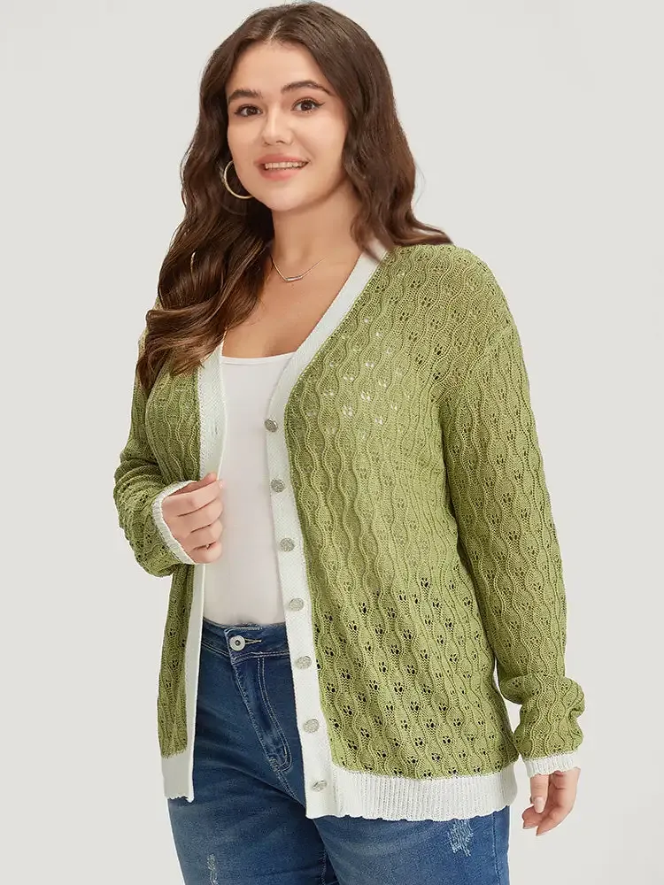 Two Tone Patchwork Cut Out Button Down Cardigan