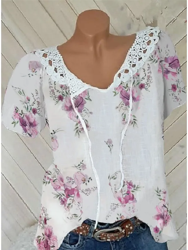 Women's Shirt Blouse Floral White Pink Blue Lace up Print Short Sleeve Casual Holiday Basic V Neck Regular Fit