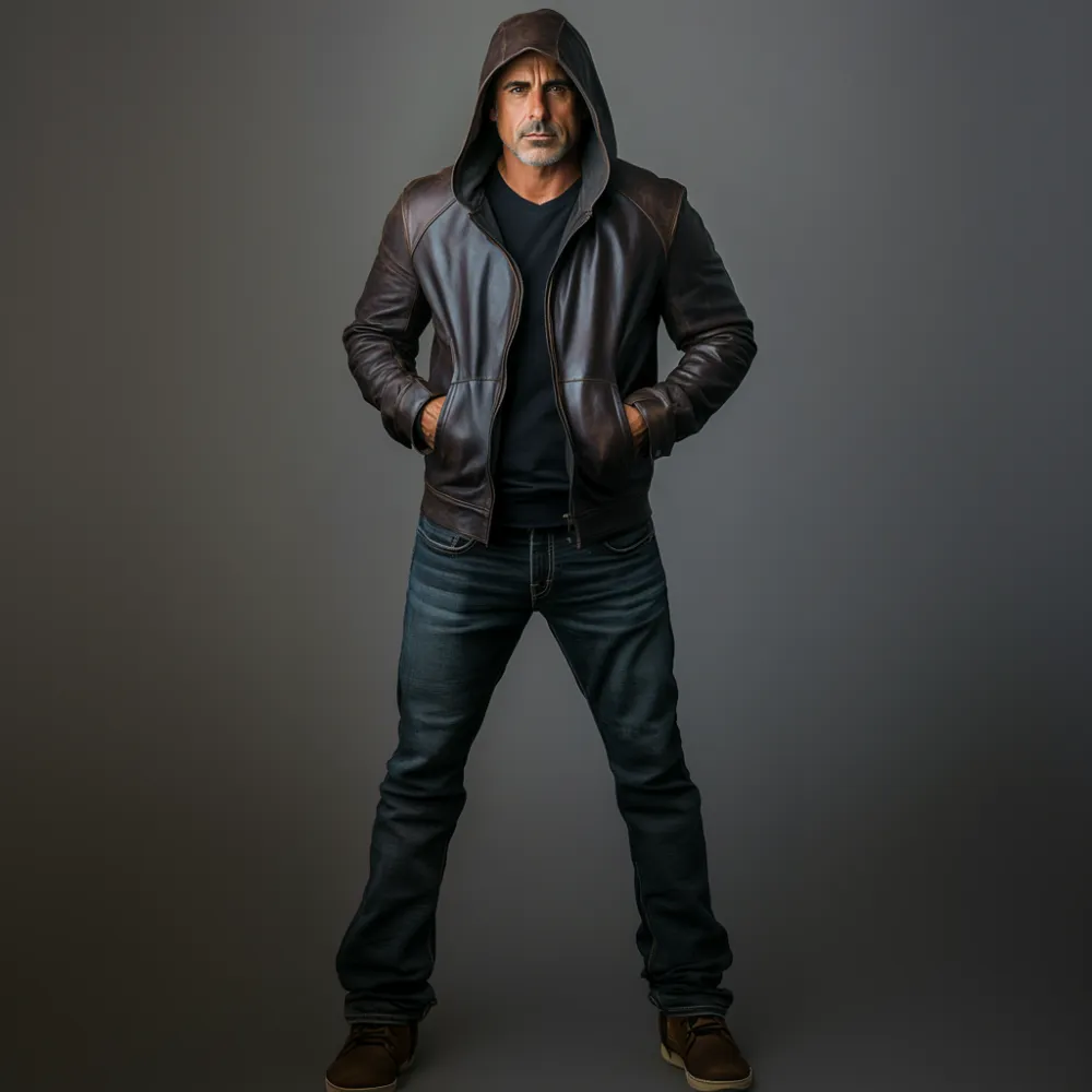 Men's PU Leather Slant Pocket Zipper Long Sleeve Hooded Jacket