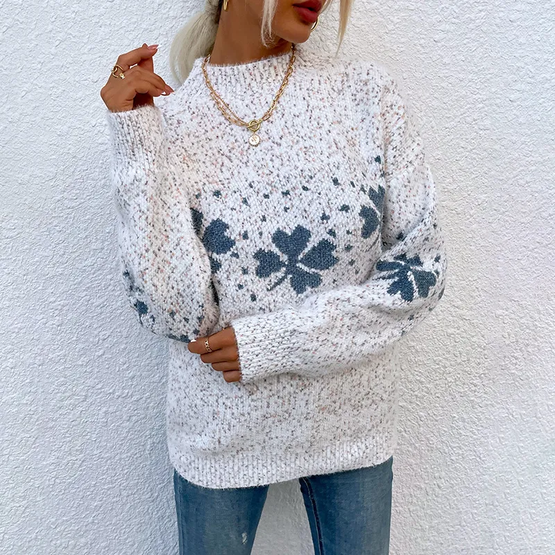 Fashion Casual Half High Neck Snowflake Knitted Sweater
