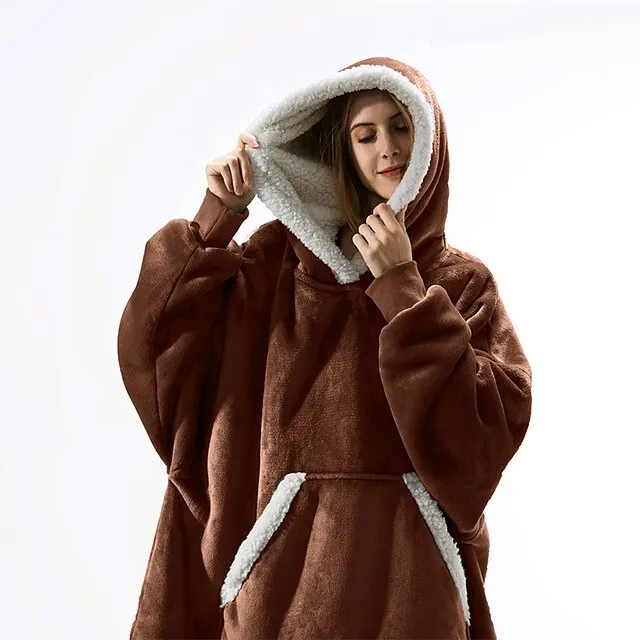 Women's Christmas Couple‘s Pajamas Nightgown Hoodie Blanket Wearable Blanket Grid / Plaid Pure Color Plush Simple Comfort Xmas Home Party Fleece Warm Gift Patchwork Pocket Fall Winter Black Gray