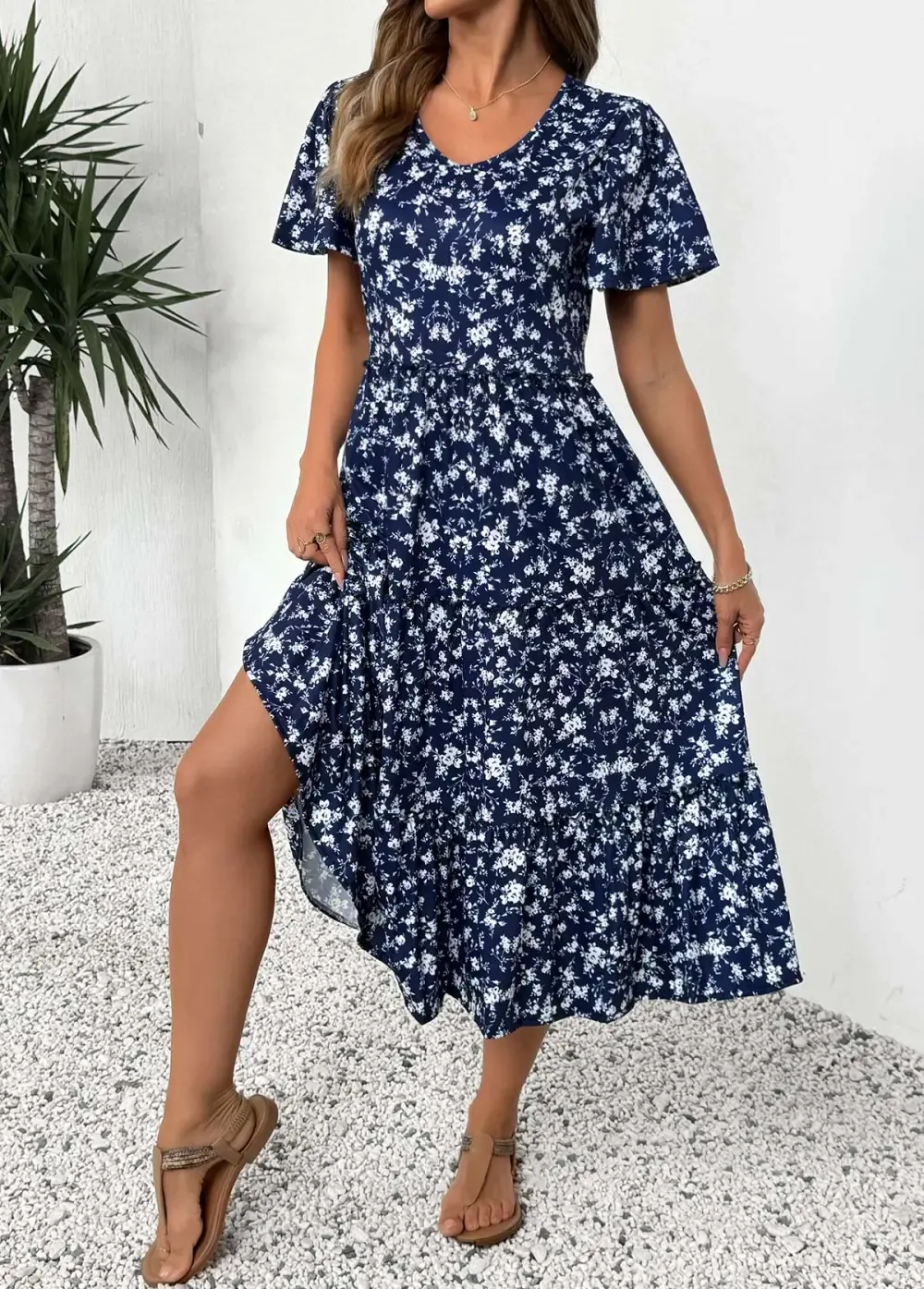 Navy Ditsy Floral Print Short Sleeve V Neck Dress