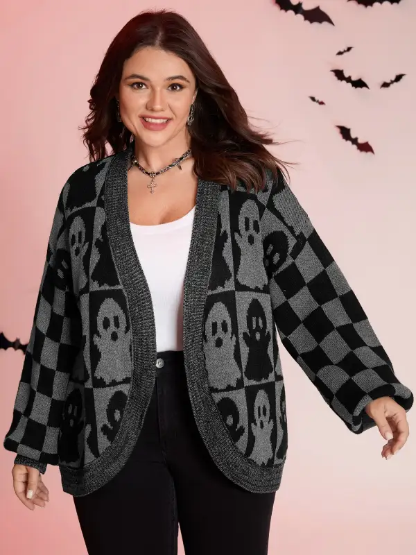 Ghost Checkered Jacquard Arc Swing Cardigan