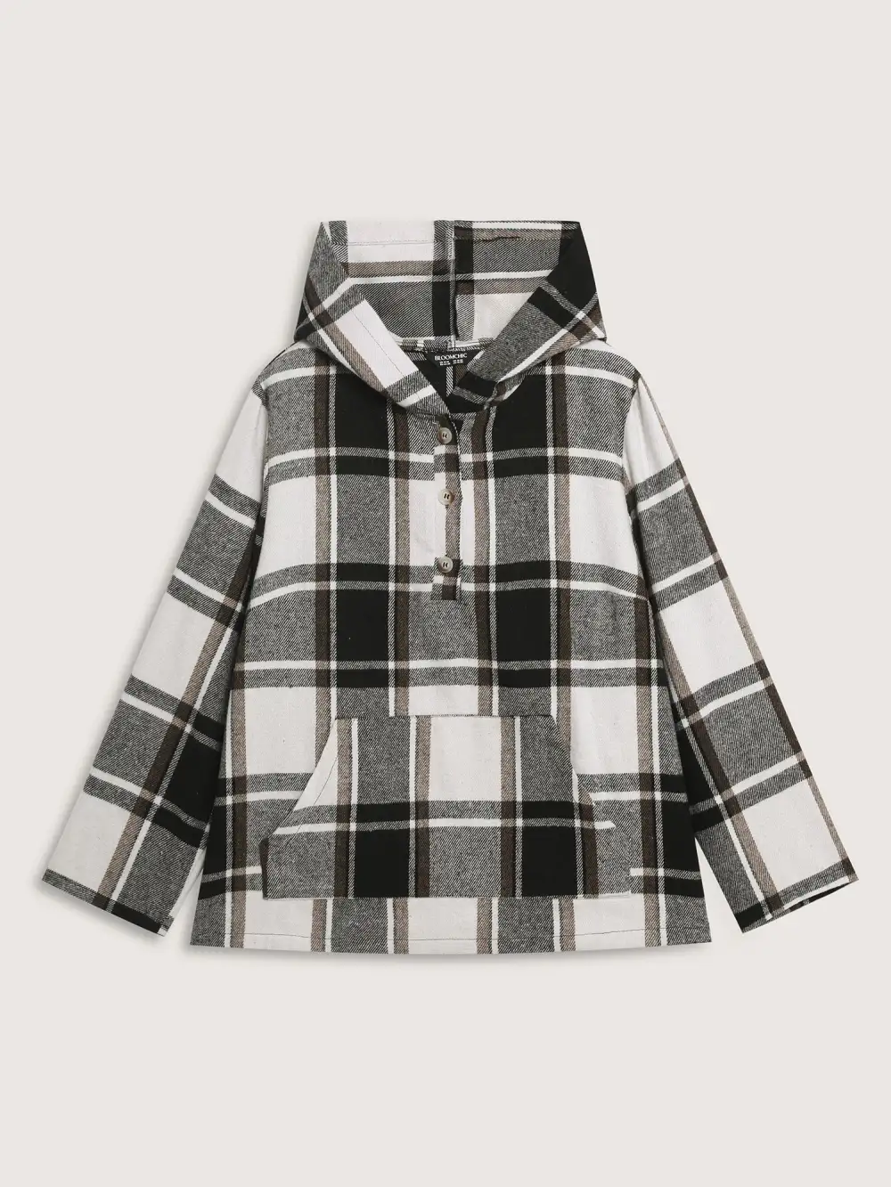 Checkered Half-Open Placket Pockets Hoodie
