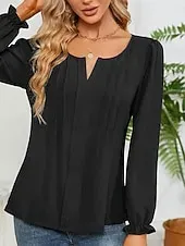 Women's Blouse Solid Color Elegant Daily Stylish Long Sleeve Puff Sleeve V Neck Regular Tops Work Daily Holiday Black Pink Summer Spring Fall