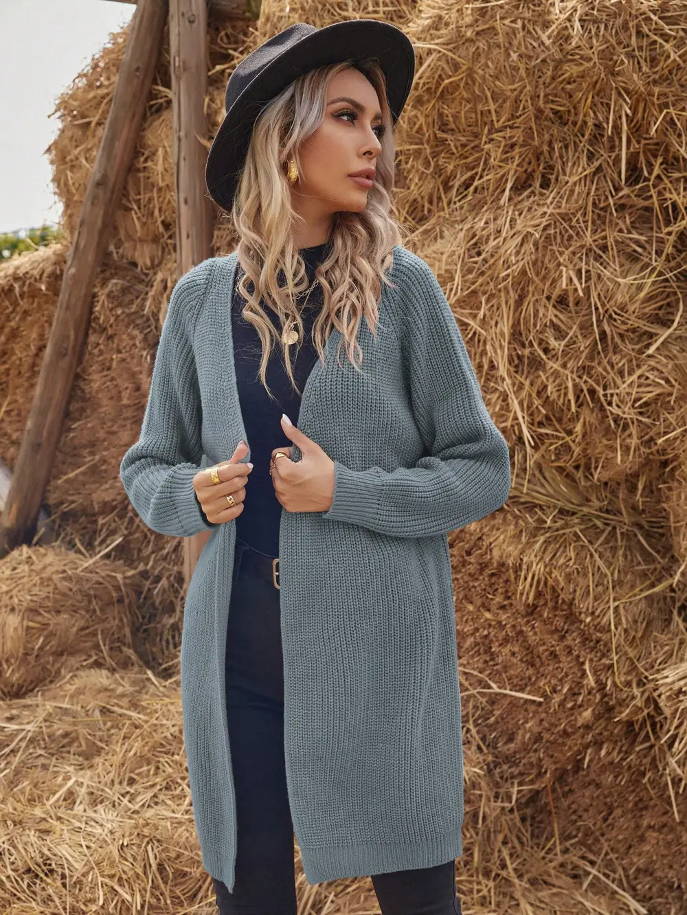 Solid Raglan Sleeve Open Front Cardigan