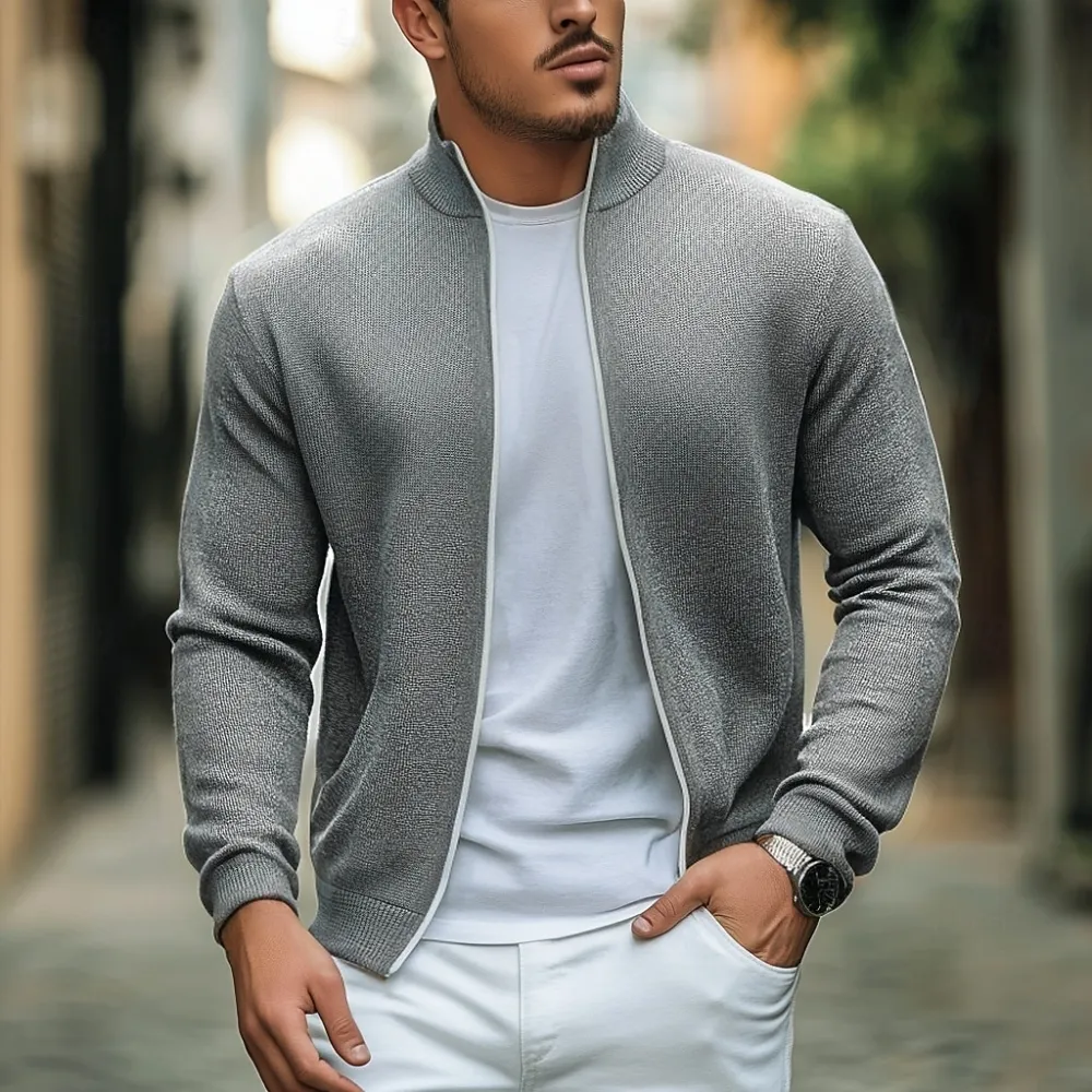 Men's Daily Stand Collar Slant Pocket Rib Knit Zipper Sweater Jacket