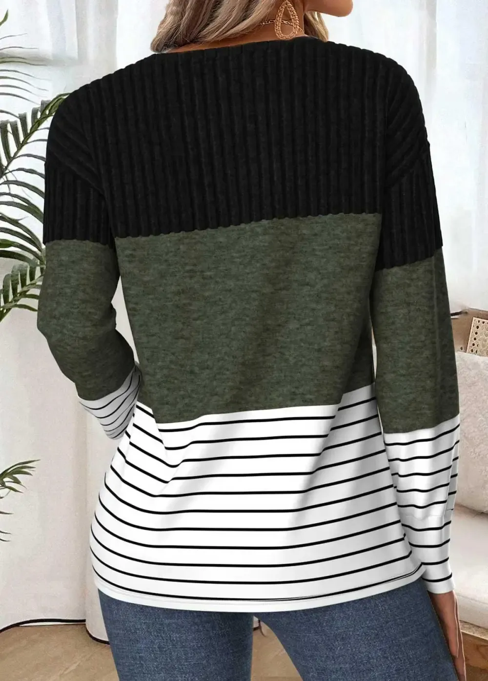 Olive Green Tummy Coverage Striped Long Sleeve T Shirt