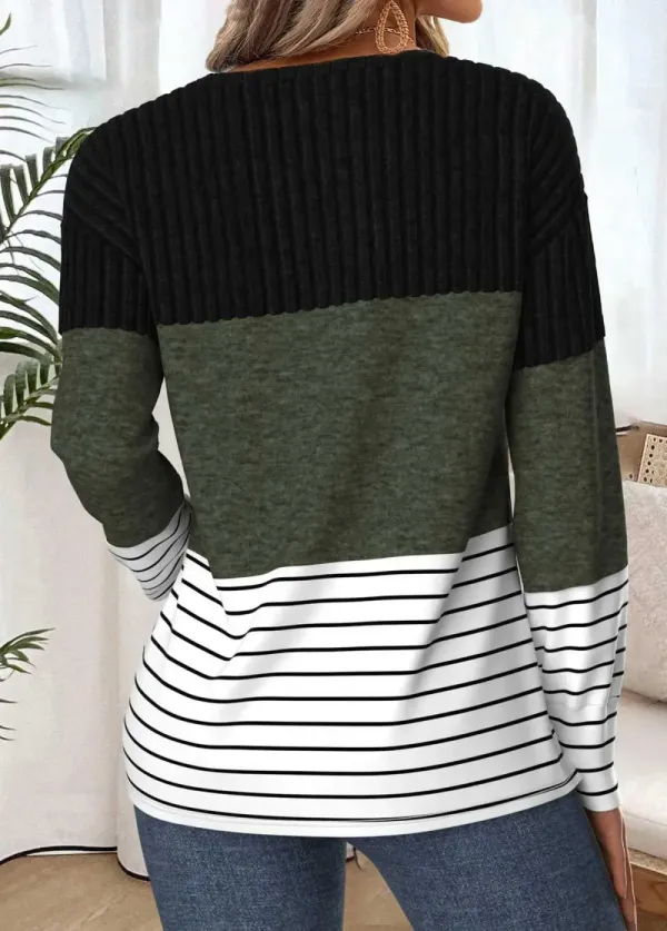 Olive Green Tummy Coverage Striped Long Sleeve T Shirt