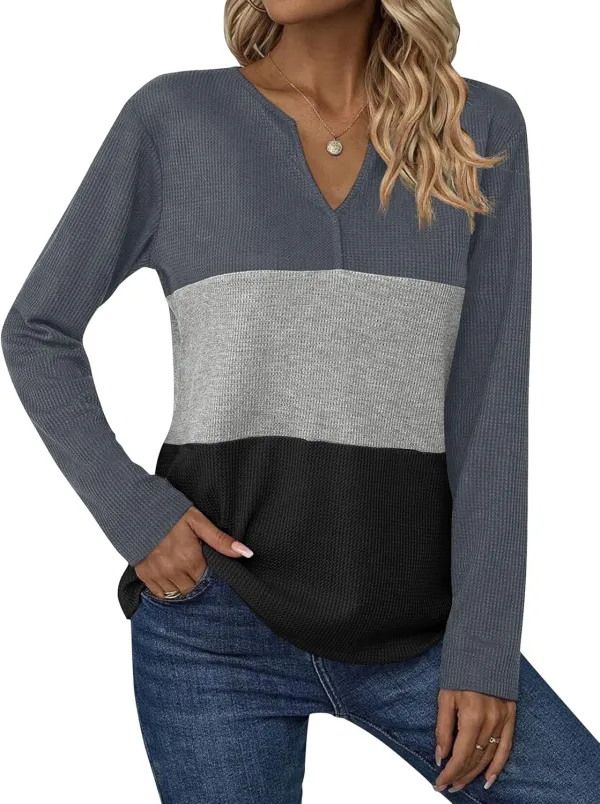 Women's Waffle Shirts V Neck Long Sleeve Tops Color Block T-Shirts Casual Tunics 2024 Fashion Basic Tees
