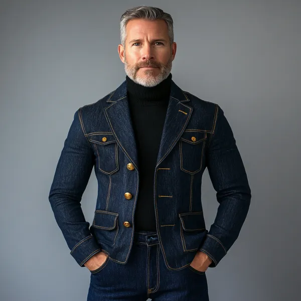 Men's Daily Denim Top Stitch Notched Lapel Three Button Jacket