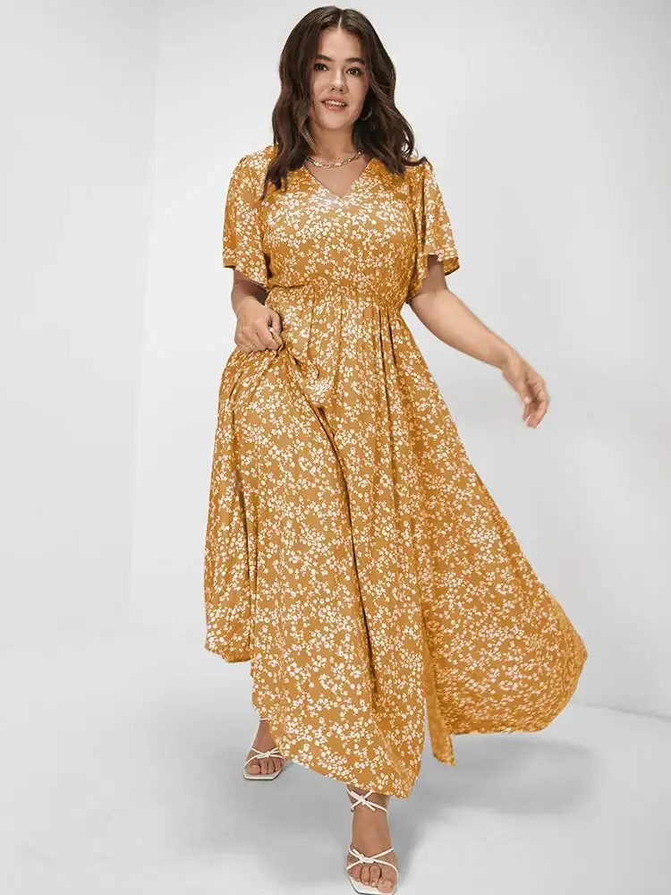 Bloom Dress - Flutter Sleeve Ditsy Floral Pocket Split Maxi Dress