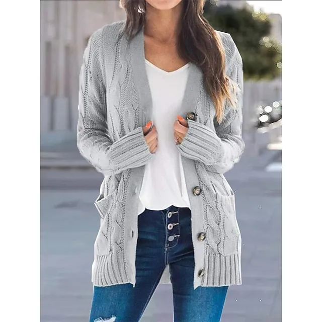 Women's Cardigan Pocket Knitted Button Solid Color Casual Chunky Long Sleeve Regular Fit Sweater Cardigans