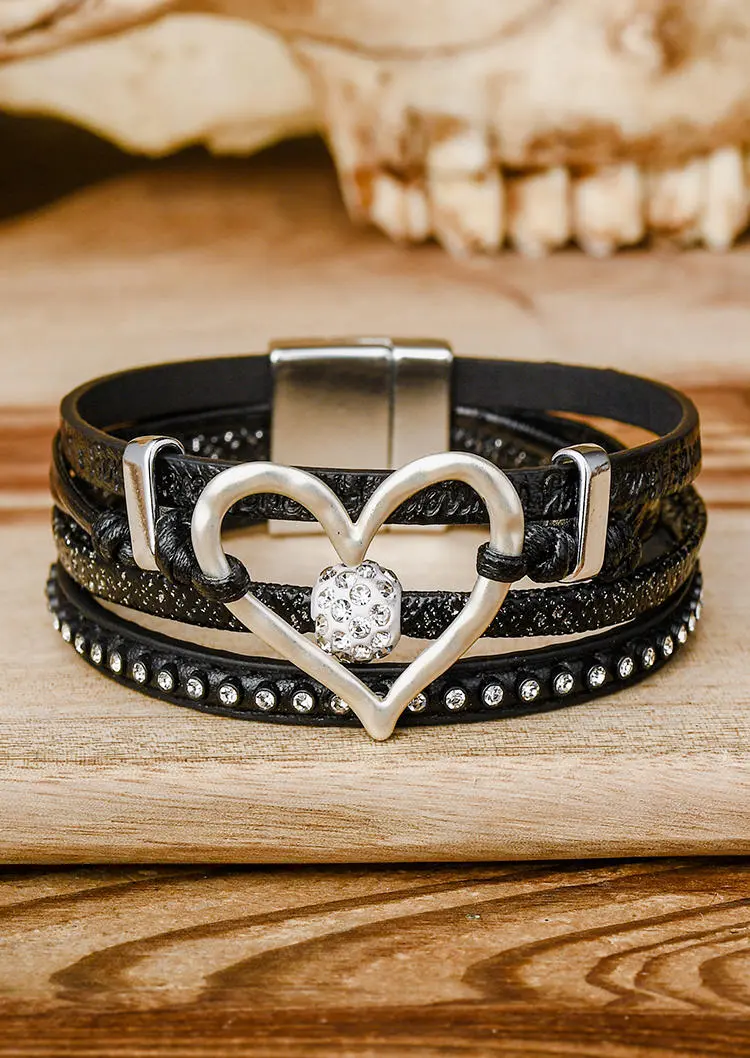 Heart Rhinestone Hollow Out PU Leather Bracelet