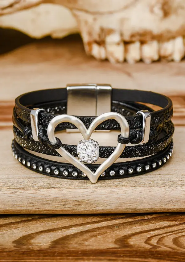 Heart Rhinestone Hollow Out PU Leather Bracelet