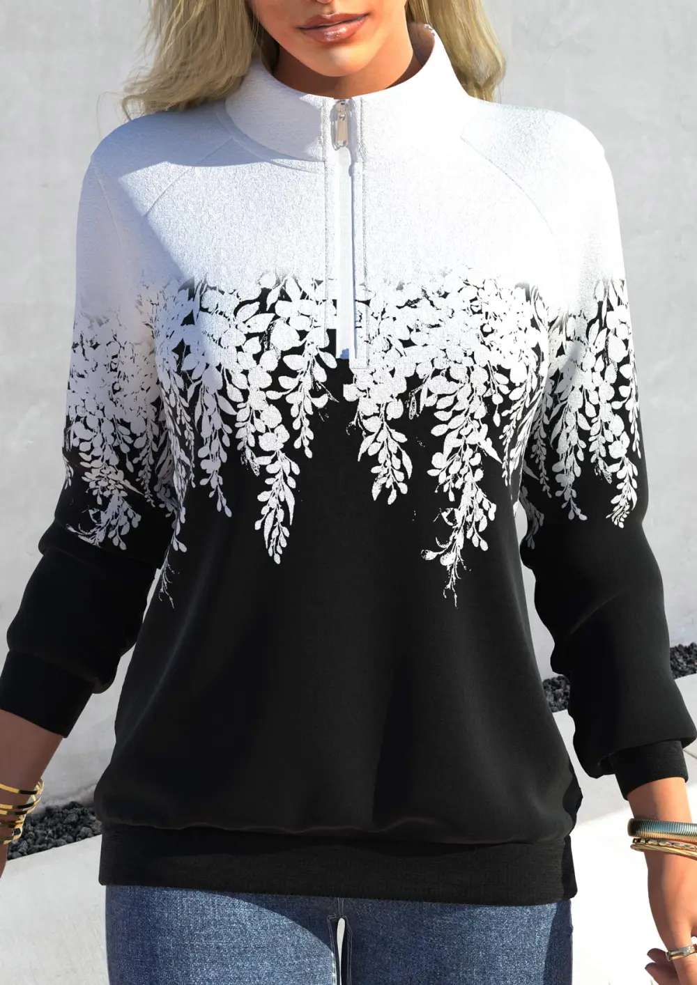 Black Zipper Leaf Print Long Sleeve High Neck Sweatshirt