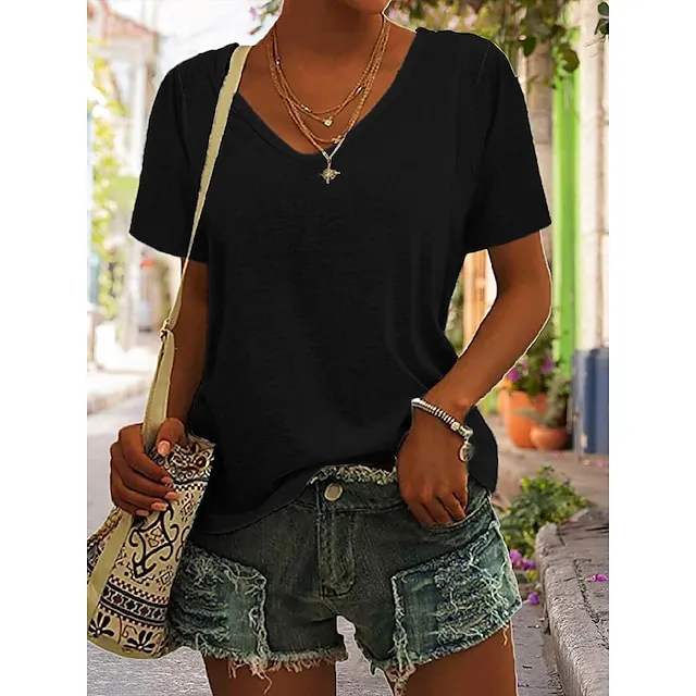 T shirt Tee Women's Black White Dark Red Plain Basic Daily Daily V Neck Regular Fit S