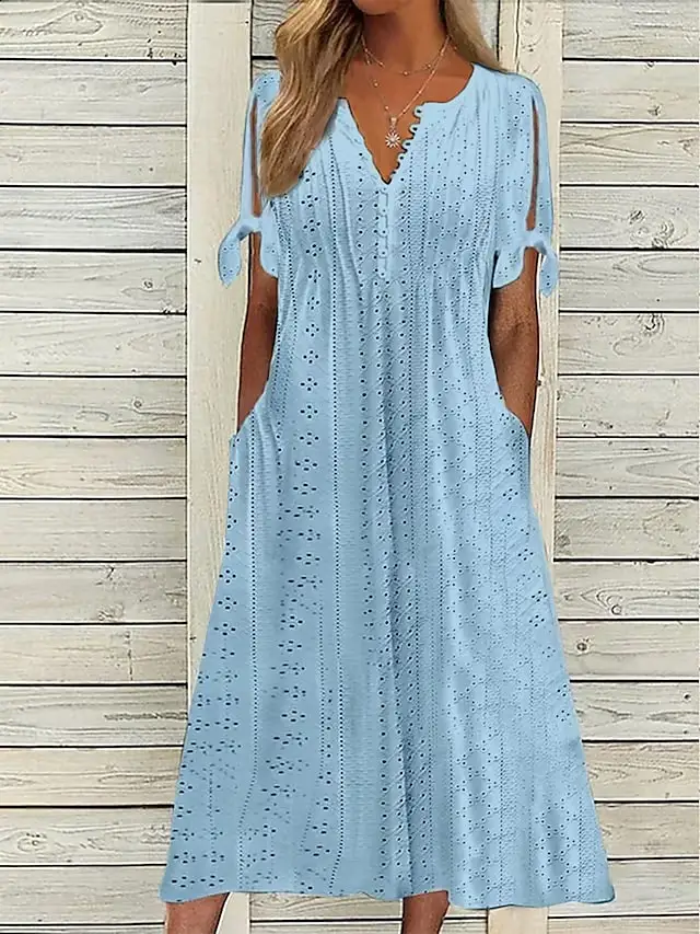 Plain Lace Ruched V Neck Midi Dress