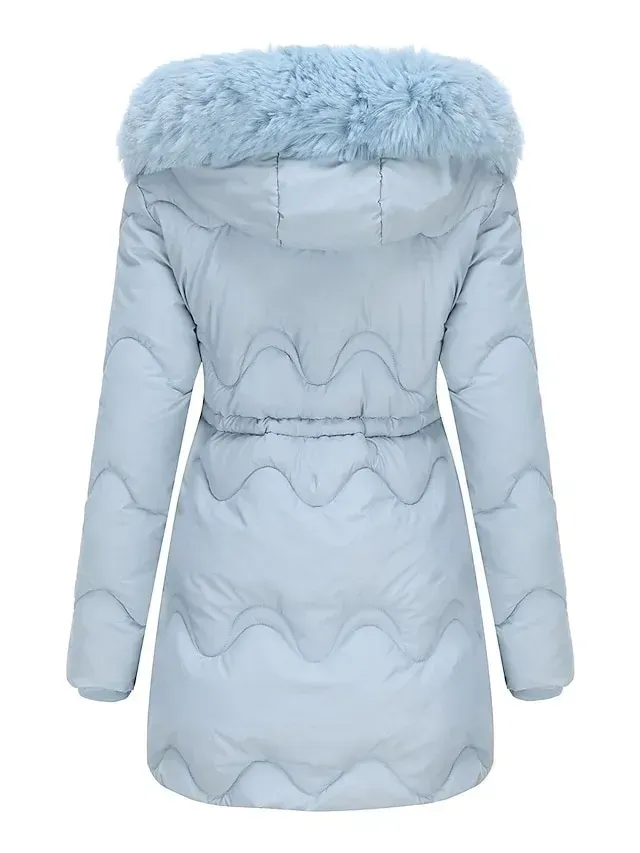 Women's Parka Puffer Jacket Winter Coat Thermal Warm Heated Coat with Removable Fur Collar Drawstring Zip up Hooded Coat Fall Outerwear with Pockets Classic Long Sleeve Light Blue Pink Black