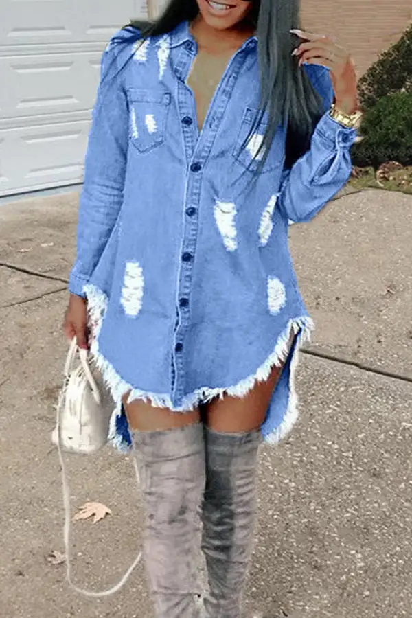 Fashion Ripped Fringed Denim Mini Dress