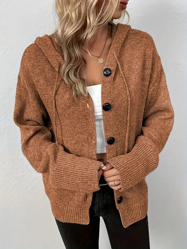 High-Stretch Solid Color Knitted Hooded Long Sleeve Cardigan - Drawstring Closure, Casual Button Front, Regular Fit, Polyester Lining, Perfect for Fall/Winter Season