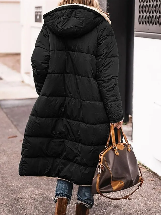 Women's Long Puffer Jacket Winter Fleece Parka  Reversible Thermal Warm Windproof Winter Coat Hooded Jackets