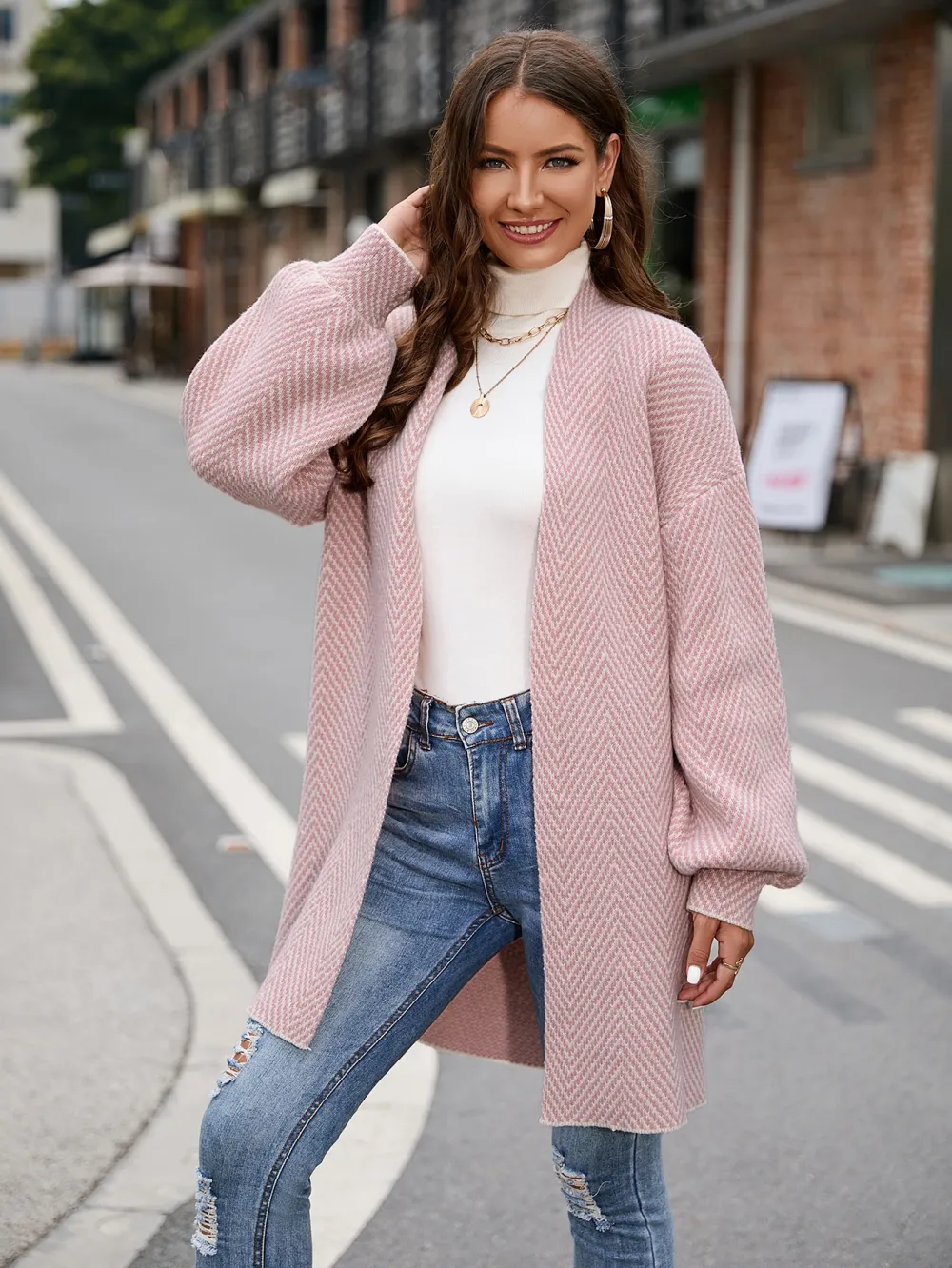 Chevron Pattern Bishop Sleeve Duster Cardigan
