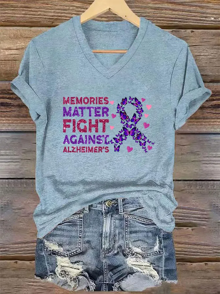 Women's Alzheimer's Print Casual V-Neck T-Shirt