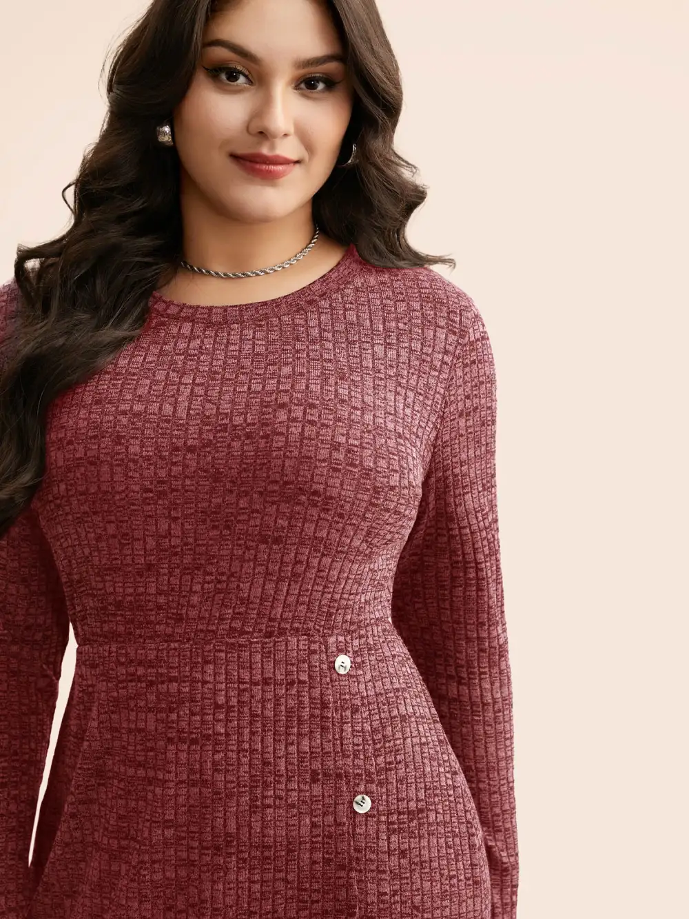 Crew Neck Button Detail Split Hem Dress