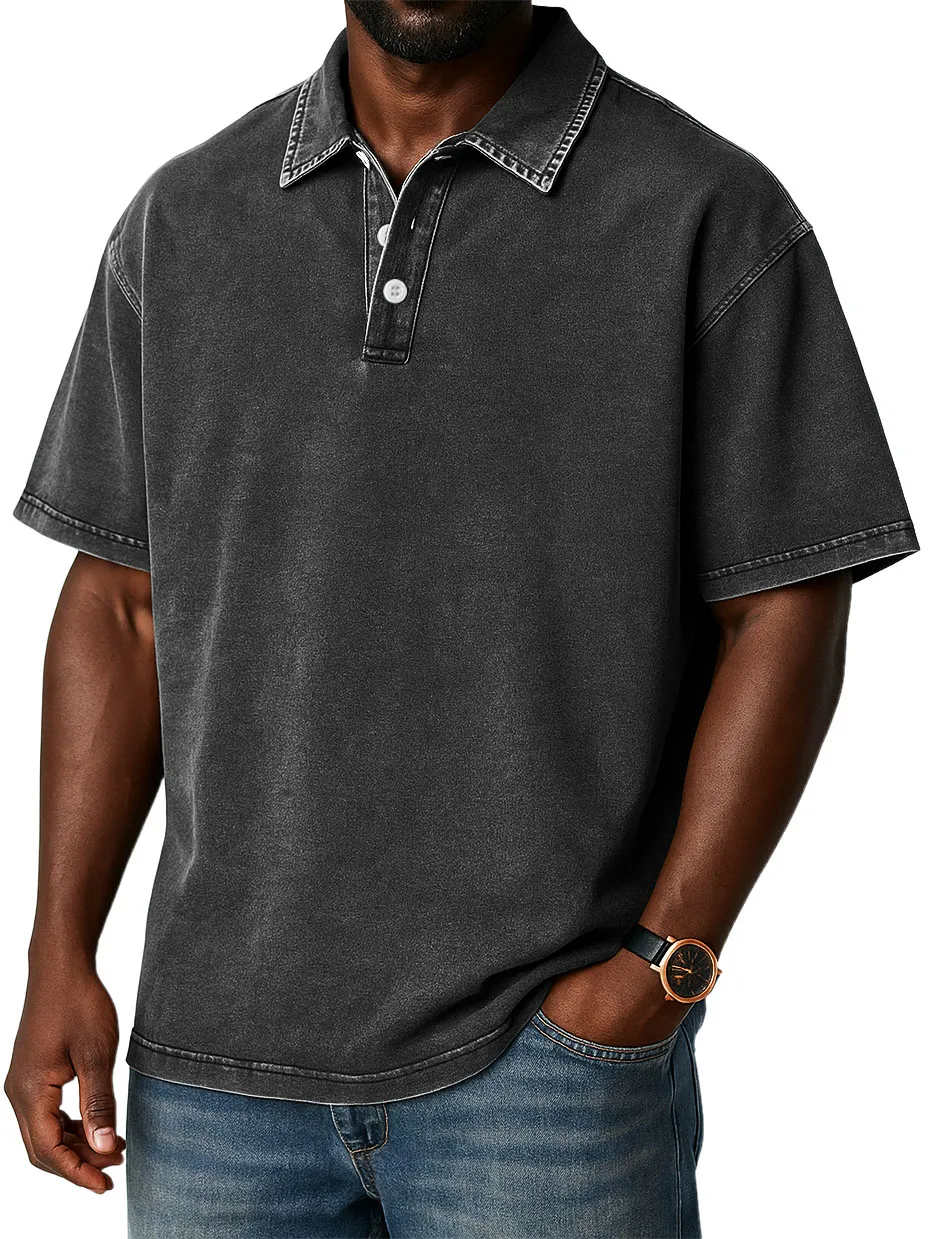 Men's Stylish Retro Washed Distressed Casual Polo Tops