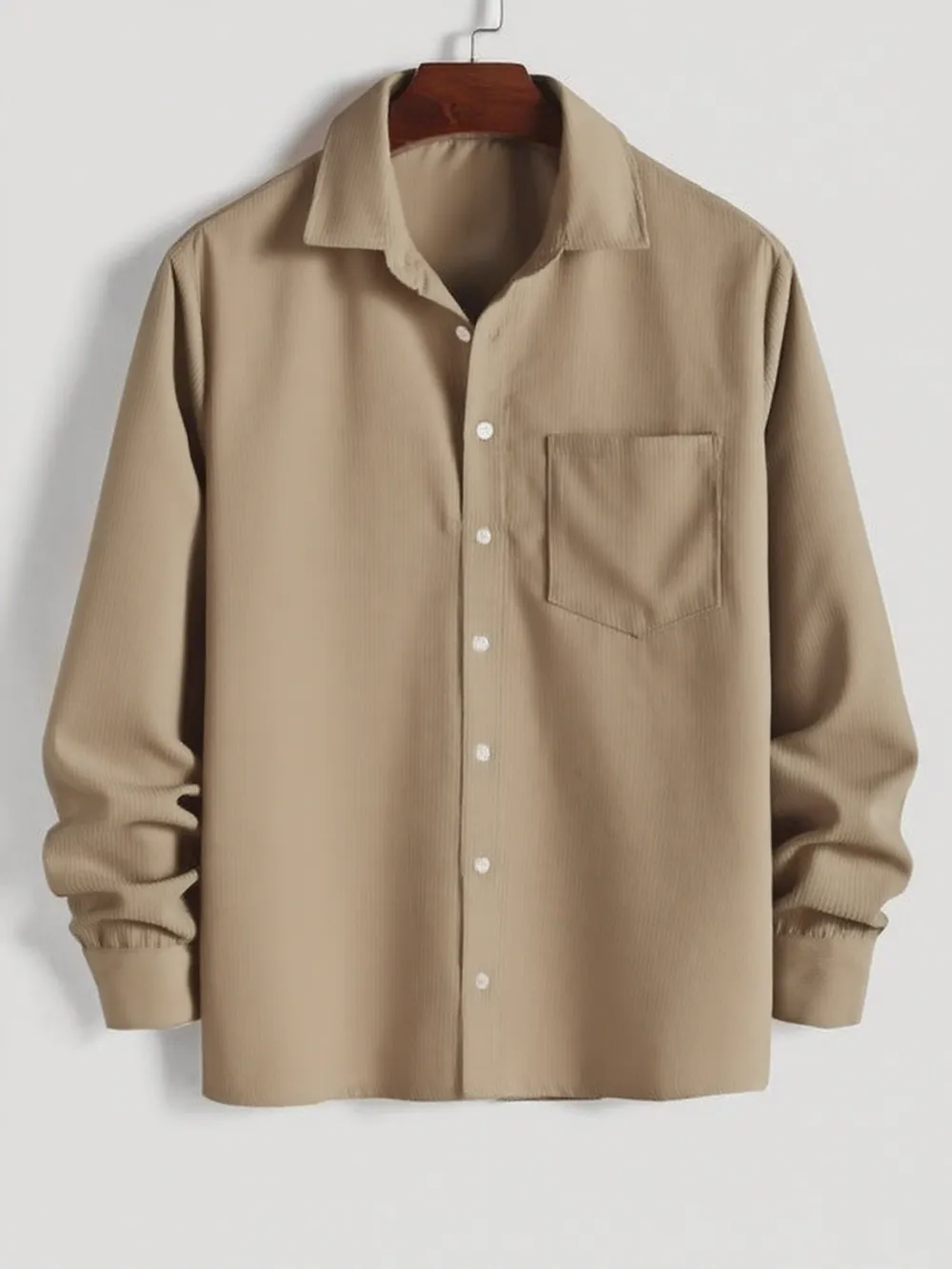 Men's Plain Pocket Half Button Corduroy Shirt, Casual Comfy Regular Fit Long Sleeve Collared Top For Fall & Winter